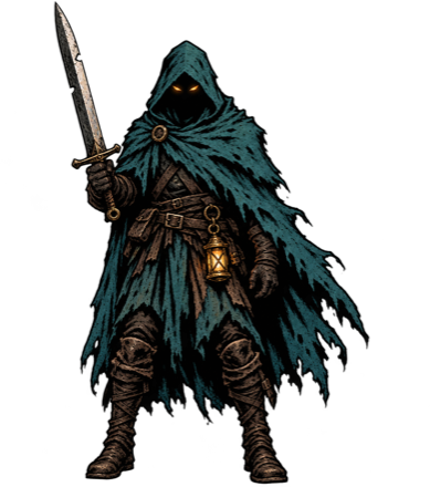 The Delver, a hooded hero with a notched sword and a brass lantern